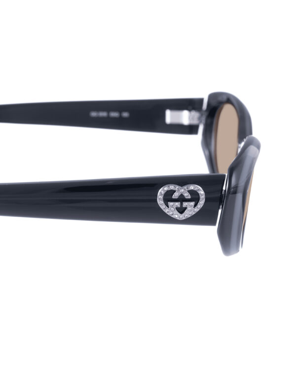 Gucci 00s Black & Grey Cat Eye Sunglasses with Crystal Hearts with Brown Lenses - Image 3