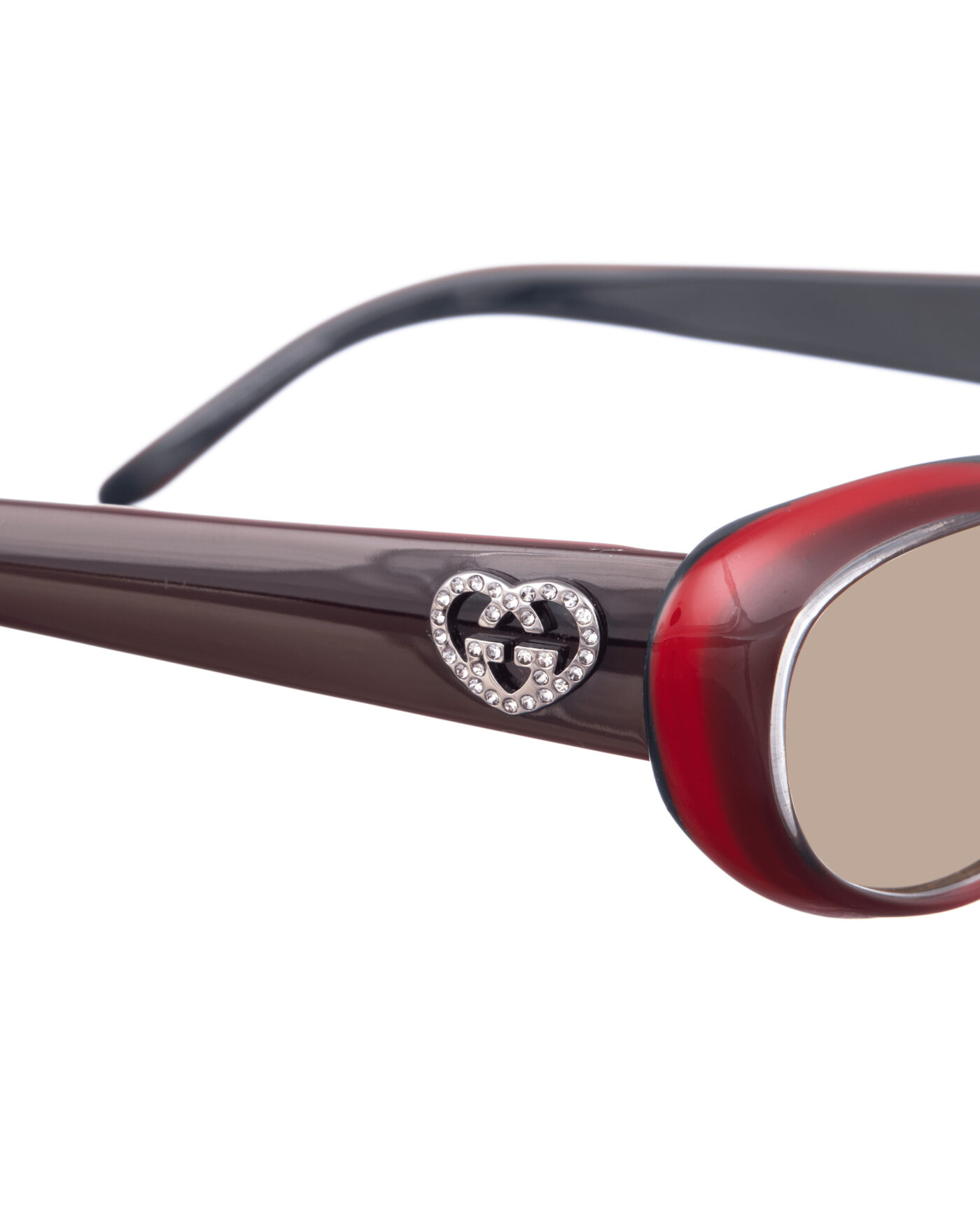 Gucci 00s Black & Red Cat Eye Sunglasses with Crystal Hearts with Brown Lenses - Image 3