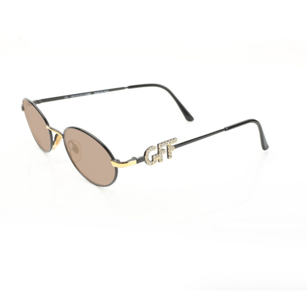 Gianfranco Ferre '90s Crystal Signature Black Oval Sunglasses with Brown Lenses