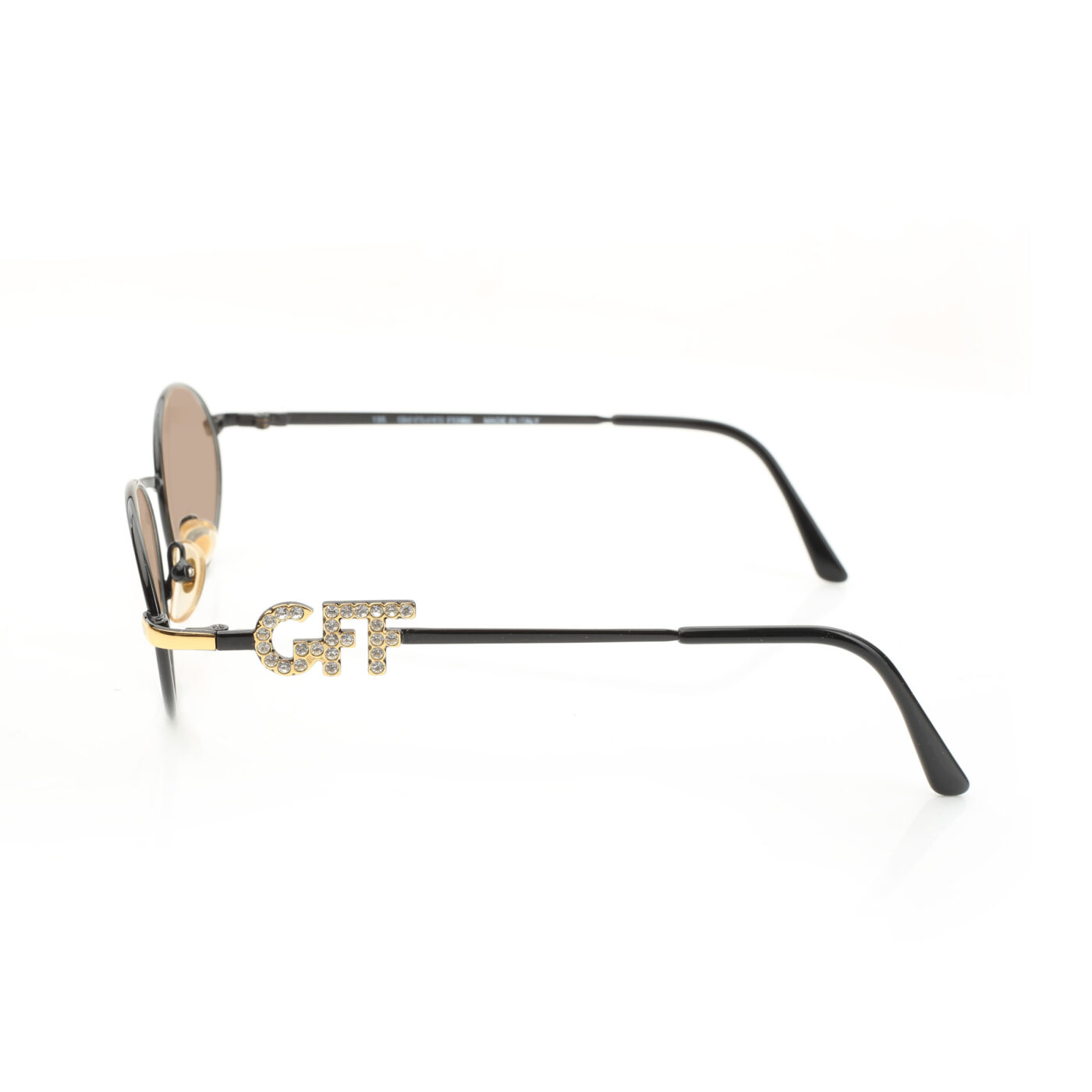 Gianfranco Ferre '90s Crystal Signature Black Oval Sunglasses with Brown Lenses - Image 3