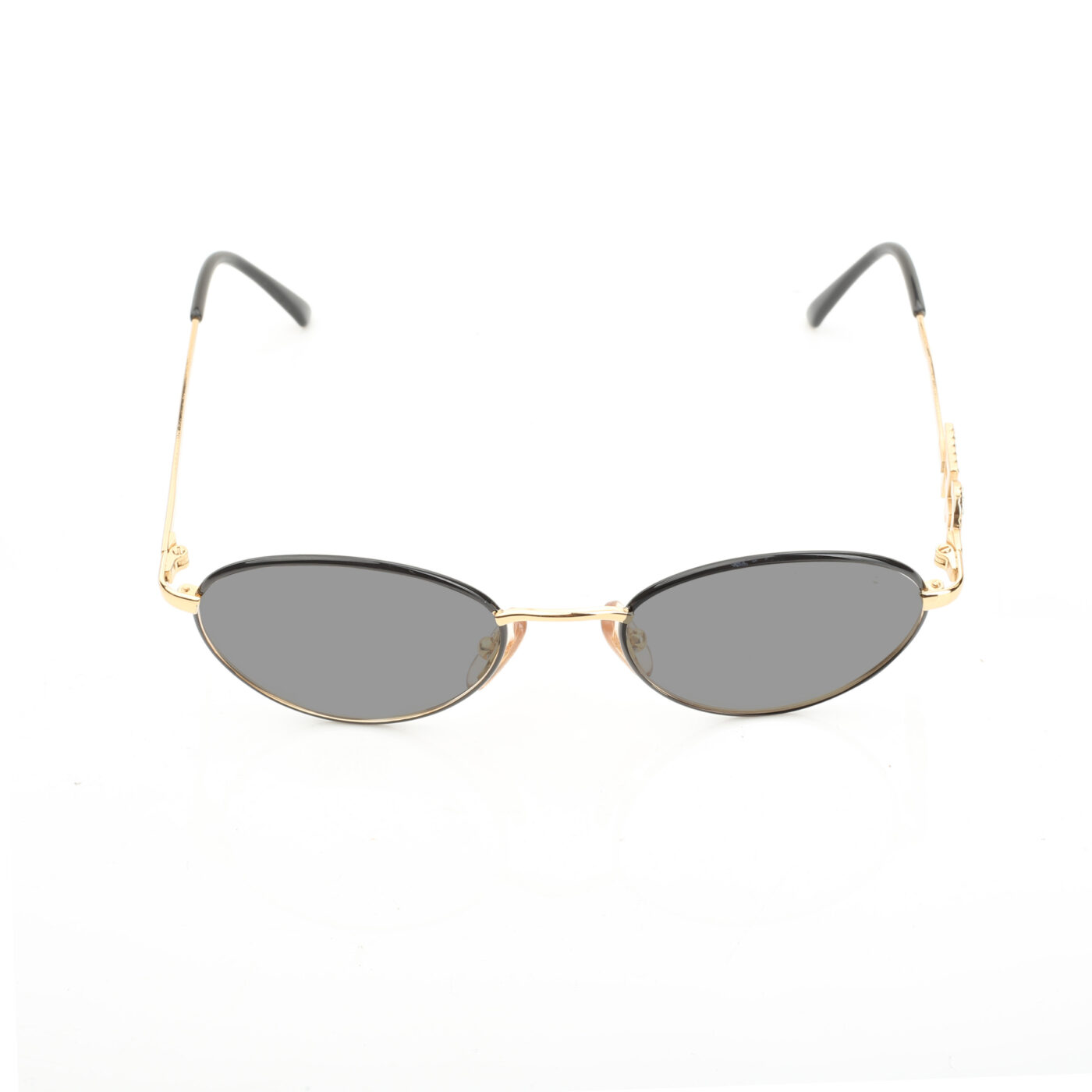 Gianfranco Ferre '90s Crystal Signature Gold Oval Sunglasses with Black Lenses - Image 2
